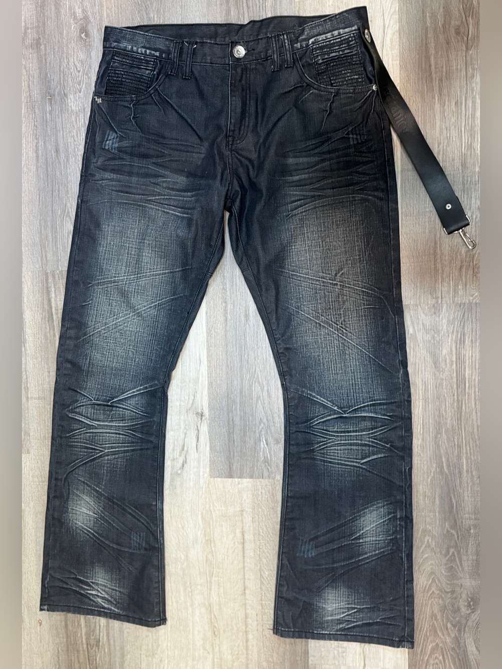 Men's Vintage Y2K Black Distressed Bootcut Jeans w/Studded Details 36x30